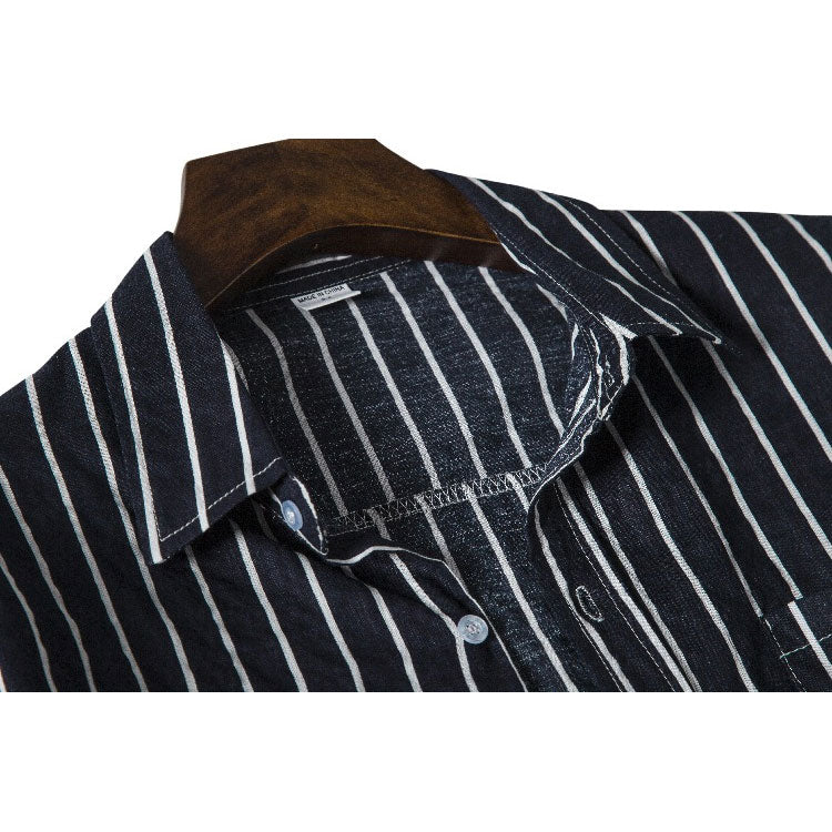 Men's Autumn Men's Contrast Color Striped Cotton and Linen Ribbon Breathable Long Sleeves Shirt Men Winter Outfit