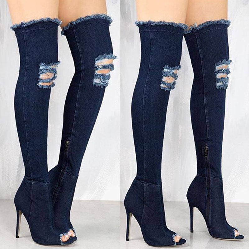 Coachella Festival Boots High Heel Long Denim Single Sandal Boots Stiletto Peep-Toe