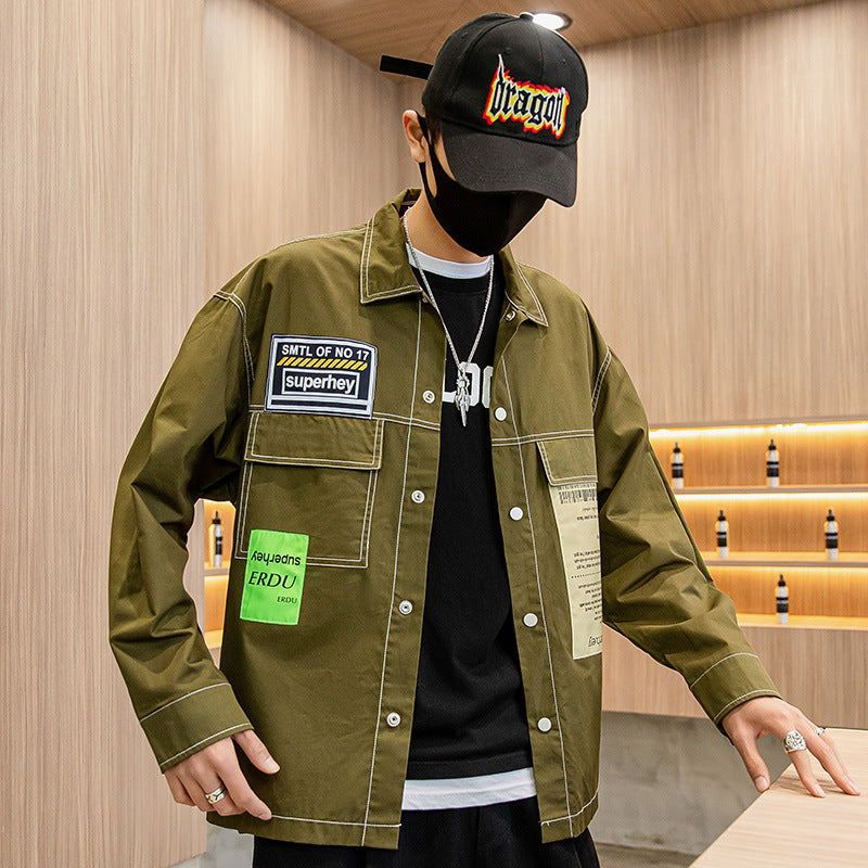 Men's Spring plus Size Loose Sports Top Leisure Artistic Long-Sleeved Shirt Men's Men Jacket