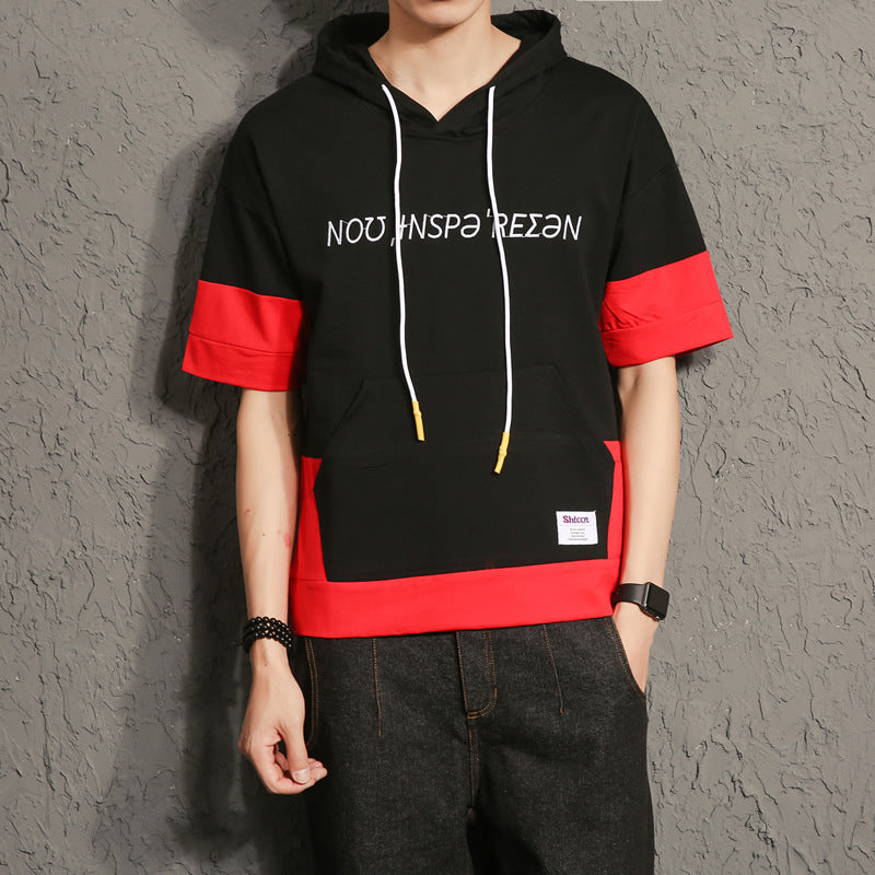 Men's Summer Men's Large Size Retro Sports Short Sleeve Hoodie Teenagers Loose Large Size Hooded Color Matching Fashion T-shirt Men Spring Hoodie