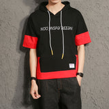 Men's Summer Men's Large Size Retro Sports Short Sleeve Hoodie Teenagers Loose Large Size Hooded Color Matching Fashion T-shirt Men Spring Hoodie