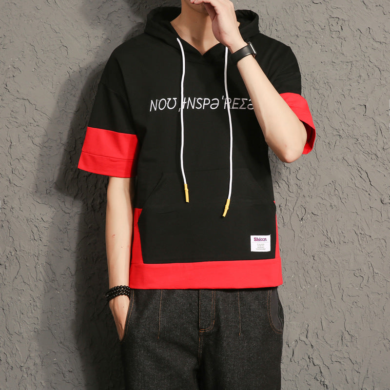 Men's Summer Men's Large Size Retro Sports Short Sleeve Hoodie Teenagers Loose Large Size Hooded Color Matching Fashion T-shirt Men Spring Hoodie