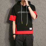 Men's Summer Men's Large Size Retro Sports Short Sleeve Hoodie Teenagers Loose Large Size Hooded Color Matching Fashion T-shirt Men Spring Hoodie