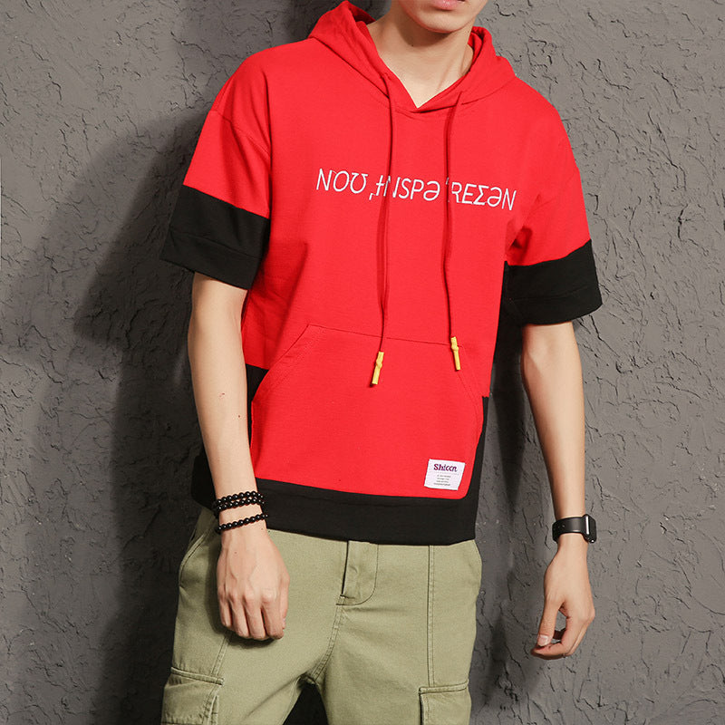 Men's Summer Men's Large Size Retro Sports Short Sleeve Hoodie Teenagers Loose Large Size Hooded Color Matching Fashion T-shirt Men Spring Hoodie