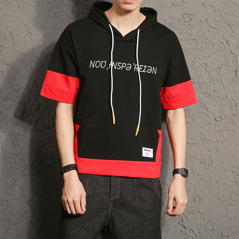 Men's Summer Men's Large Size Retro Sports Short Sleeve Hoodie Teenagers Loose Large Size Hooded Color Matching Fashion T-shirt Men Spring Hoodie