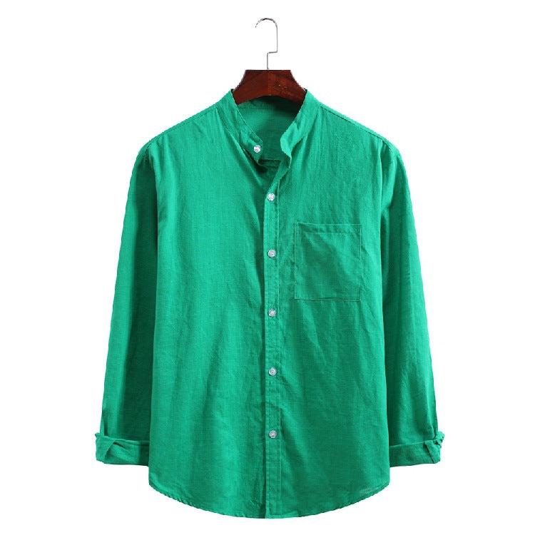 Men's Stand Collar Solid Color Long Sleeve Cotton Linen Retro Sports plus Size Casual Men Shirt