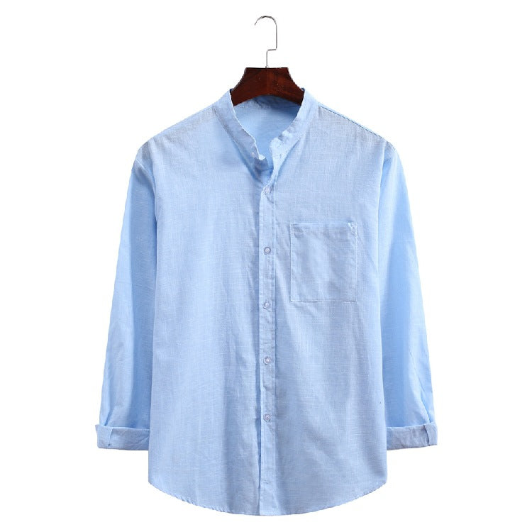 Men's Stand Collar Solid Color Long Sleeve Cotton Linen Retro Sports plus Size Casual Men Shirt