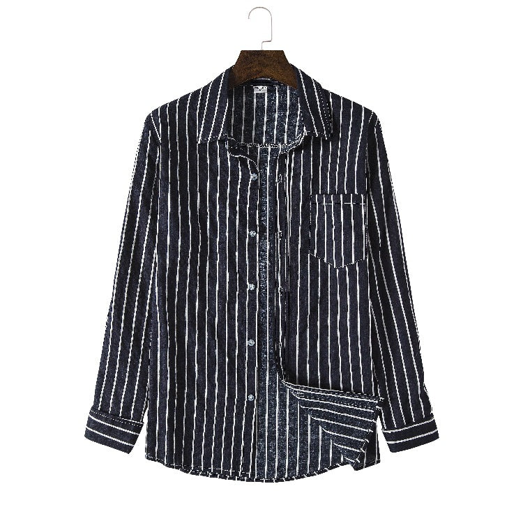 Men's Autumn Men's Contrast Color Striped Cotton and Linen Ribbon Breathable Long Sleeves Shirt Men Winter Outfit