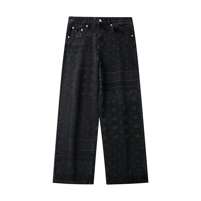 Printed Jeans Men's plus Size Retro Sports Trousers Loose Straight Trousers Men's Men Denim Pants