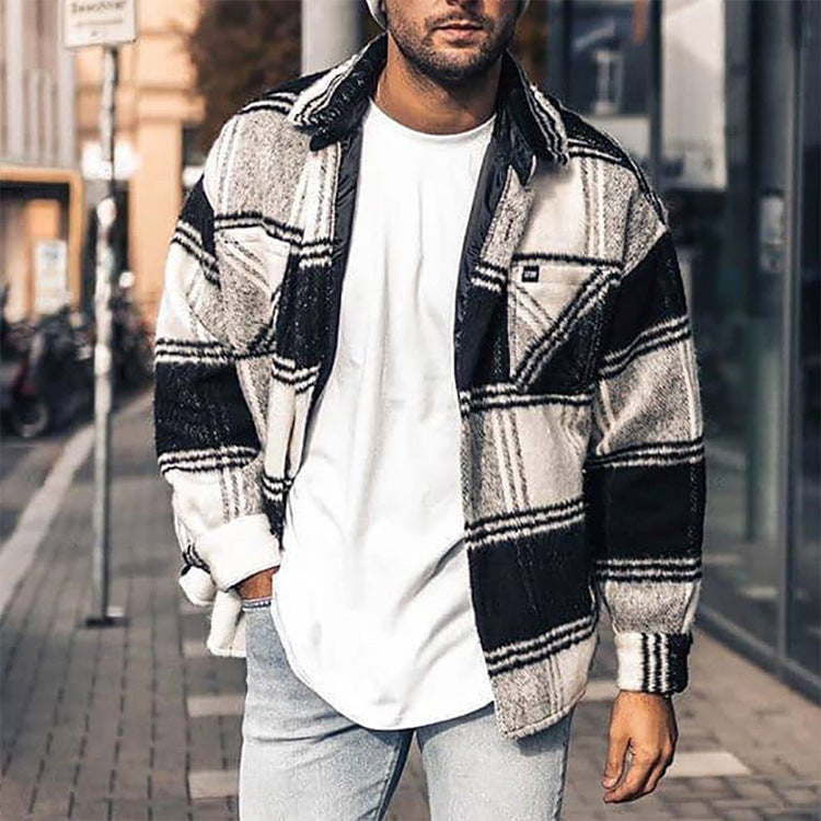 Autumn and Winter Large Size Loose Two-Color Plaid Lapel Coat for Men