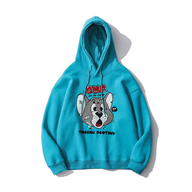 Cartoon Mouse Printed Clothing Men's plus Size Retro Sports Loose Pullover Fleece Lined Sweatshirt Men Thermal Hoodie