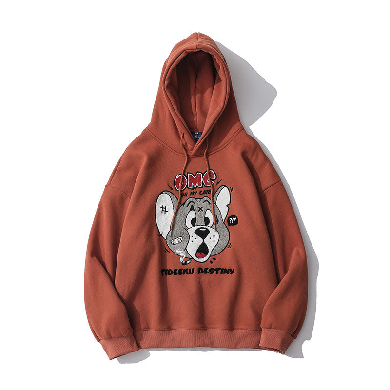 Cartoon Mouse Printed Clothing Men's plus Size Retro Sports Loose Pullover Fleece Lined Sweatshirt Men Thermal Hoodie