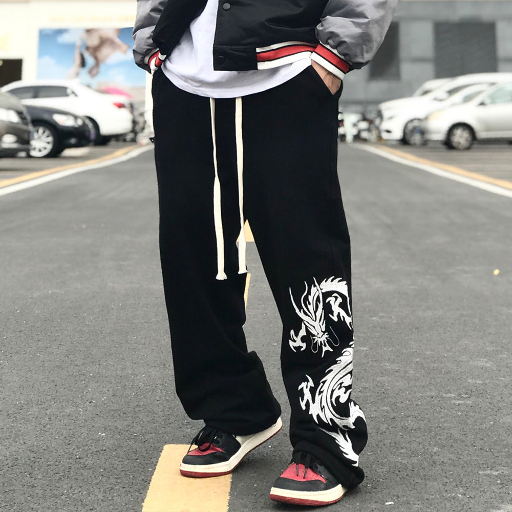 Flower Print Sweatpants Men's Large Size Retro Sports Casual Pants Harajuku Style Street Fashion Loose Pants Men Pants