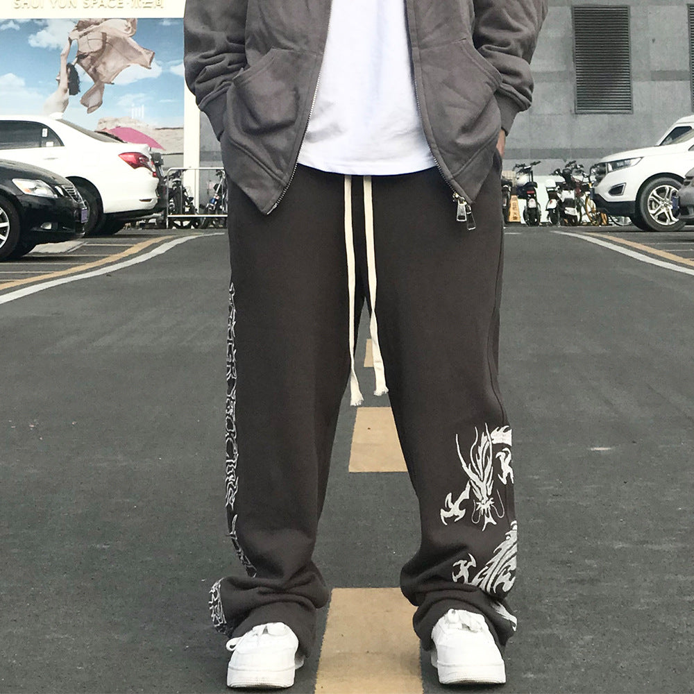Flower Print Sweatpants Men's Large Size Retro Sports Casual Pants Harajuku Style Street Fashion Loose Pants Men Pants