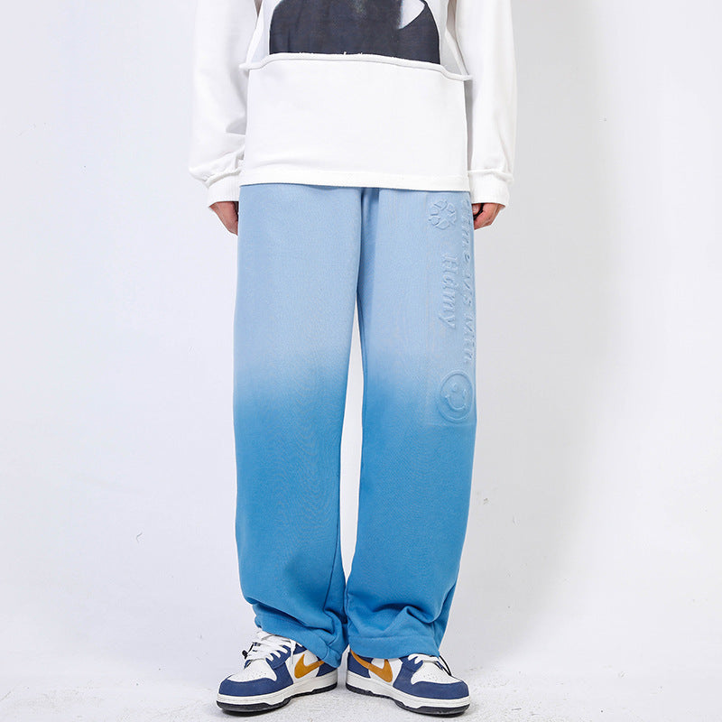 Gradient Color Wide Leg Pants Men's plus Size Retro Sports Trousers Color Matching Drawstring Jogger Pants Trendy Casual Pants Men Pants