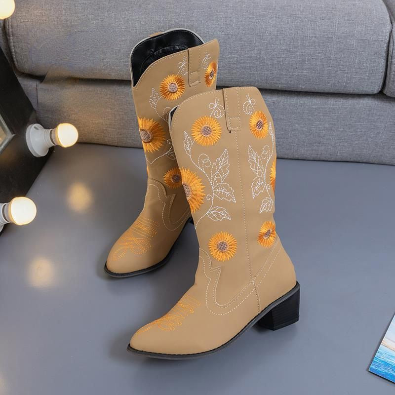 Coachella Festival Boots Chunky Heel Embroidery Women's Leather Boots