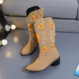 Coachella Festival Boots Chunky Heel Embroidery Women's Leather Boots