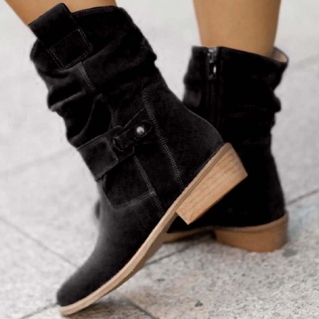 Coachella Festival Boots plus Size Bootie European and American Style round Head Metal Buckle Side Zipper Low Heel Square Heel Fashion Boots