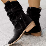 Coachella Festival Boots plus Size Bootie European and American Style round Head Metal Buckle Side Zipper Low Heel Square Heel Fashion Boots