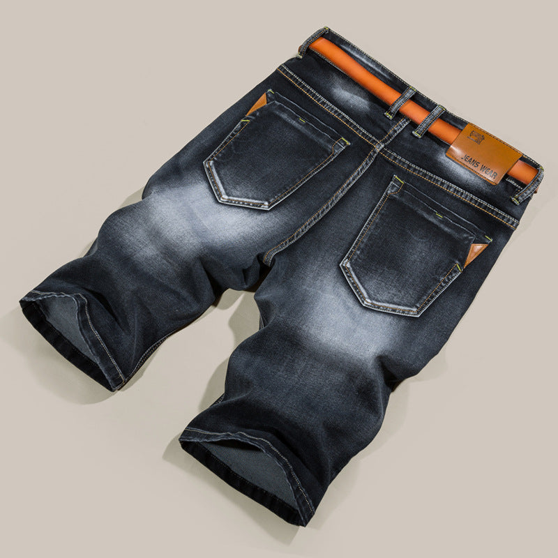 Summer Thin Light Blue Overknee Stylish Stone Washed Slim Fit Knee Length Jean Denim Short Ultra-Thin Denim Pants Men's Casual Slim Fit Cropped Pants