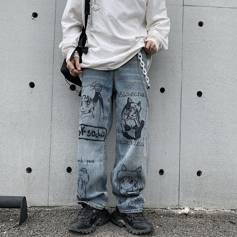 Sailor Moon Cartoon Printed Jeans Men's plus Size Retro Sports Fashion Brand Street Casual Trend Loose Trousers Men Denim Pants