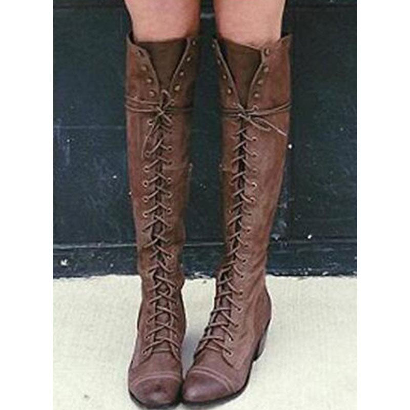 Coachella Festival Boots Solid Color Thick Low Heel High-Top Lace-up Women's Fashion Long Boots