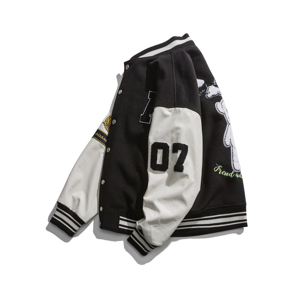 Varsity Jacket for Men Baseball Jackets Men's Spring Hip Hop Cool PU Leather Sleeve Stitching Cartoon Bear Printed Jacket Baseball Uniform