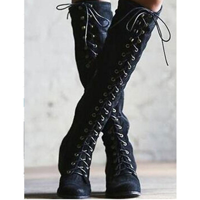 Coachella Festival Boots Solid Color Thick Low Heel High-Top Lace-up Women's Fashion Long Boots