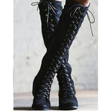 Coachella Festival Boots Solid Color Thick Low Heel High-Top Lace-up Women's Fashion Long Boots