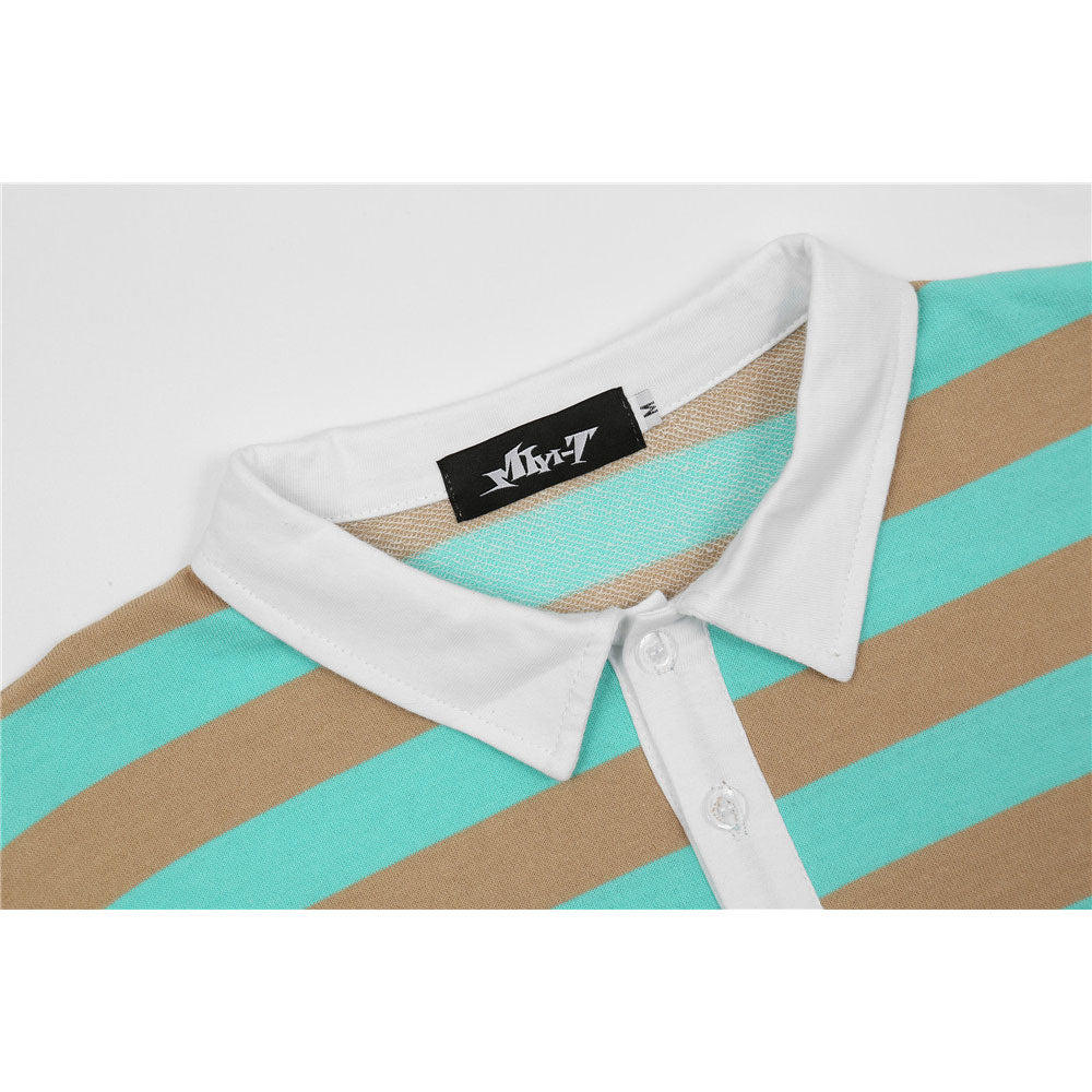 Men Summer Pullover Sweater Printed Striped Long-Sleeved Polo Shirt Men's Lapel T-shirt Street Fashion Pullover