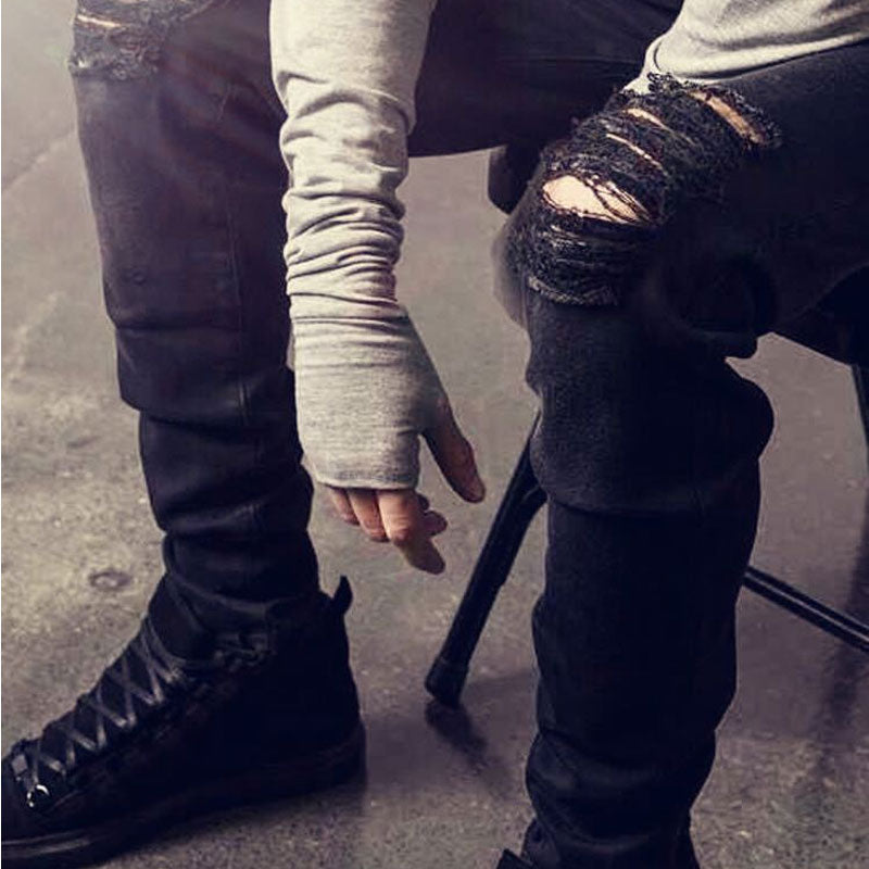 Distressed Jeans Deconstructed Jean Ripped Pants Kanye West Skinny Jeans Men's Slim Fit Elastic plus Size