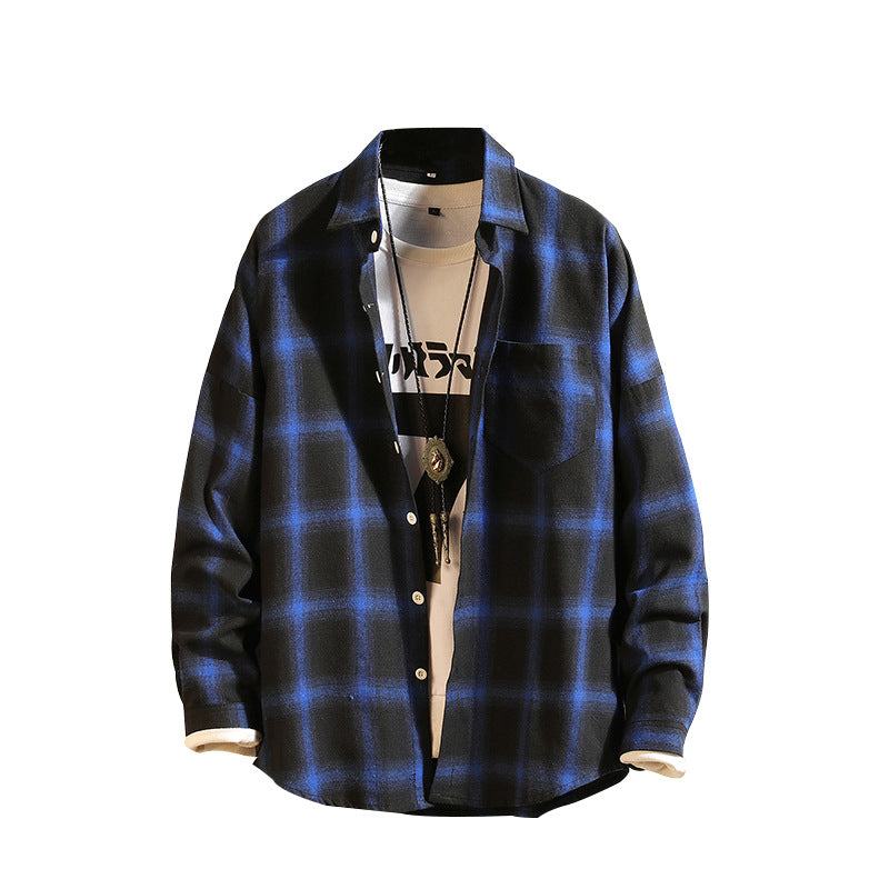 Retro Trendy Men's Striped Plaid Shirt Men's Casual Fashion Loose-Fitting Long Sleeves Top Trendy Men's Shirt