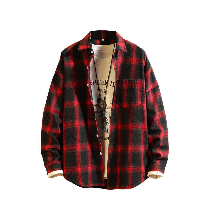 Retro Trendy Men's Striped Plaid Shirt Men's Casual Fashion Loose-Fitting Long Sleeves Top Trendy Men's Shirt