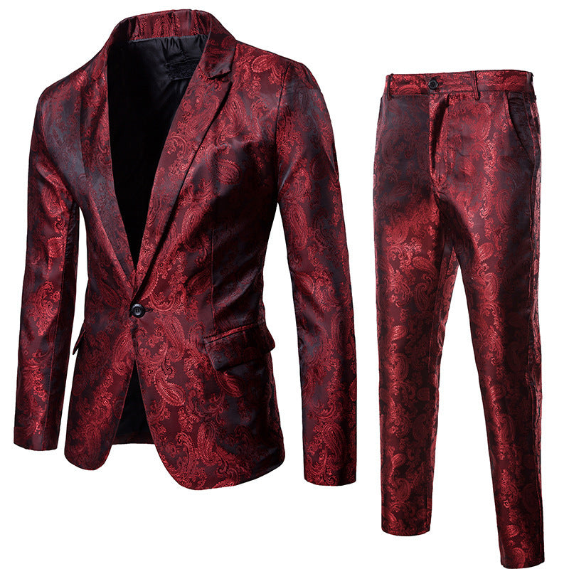 Burgundy Suit Autumn and Winter Men's Glossy Dark Pattern Suit Pullover Lapel Suit