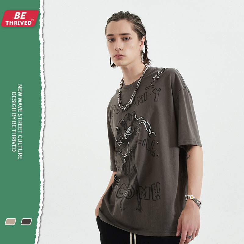 Men's Spring and Summer plus Size Loose Top Short-Sleeved Retro Sports T-shirt Men Top