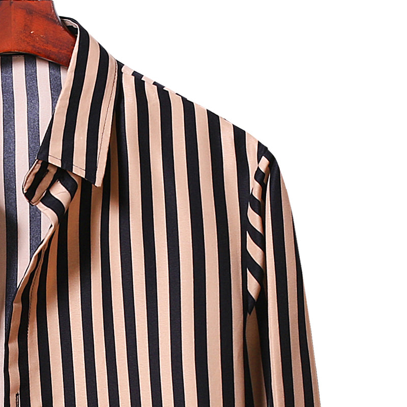 Men's Striped Long Sleeve Youth Fashion Business Casual Lining Large Size Retro Sports Men Shirt
