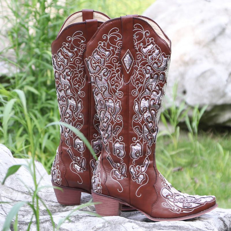Coachella Festival Boots Chunky Heel Middle Heel Rhinestone Decorative High Leg Boot