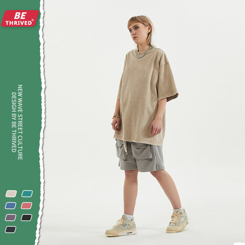 Men's Summer Solid Color Short-Sleeved T-shirt Men's Large Size Loose Retro Sports Top Men's Top