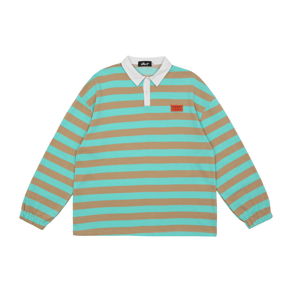 Men Summer Pullover Sweater Printed Striped Long-Sleeved Polo Shirt Men's Lapel T-shirt Street Fashion Pullover