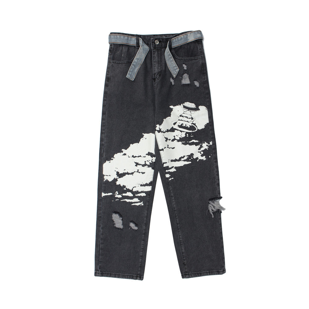 Printed Jeans Men's plus Size Retro Sports Trousers Baggy Straight Trousers Men's Men's Jeans