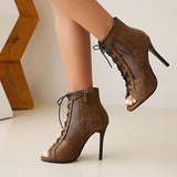 Coachella Festival Boots Spring Fish Mouth Lace-up Side Zip Stiletto Heel Plus Size Sandal Boots