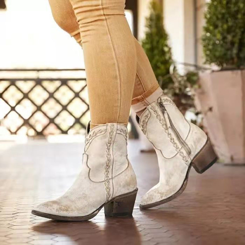 Coachella Festival Boots Ankle Boots Pointed Toe European and American Style Side Zipper Chunky Heel Short plus Size