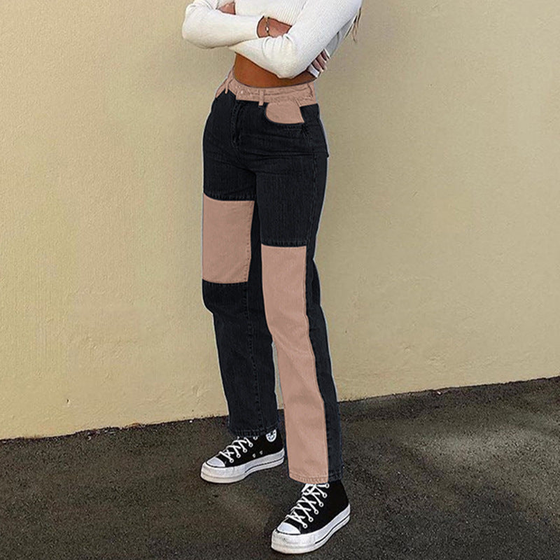 100 Cotton Jeans Women Summer Hip-Hop Street Color Contrast Patchwork Straight Casual Trousers