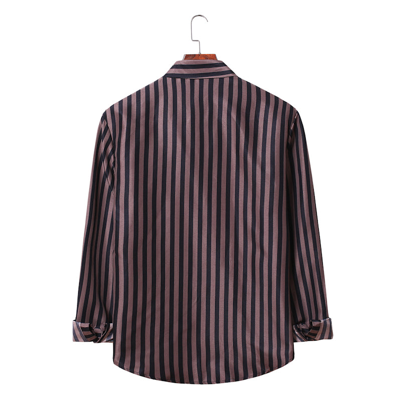 Men's Striped Long Sleeve Youth Fashion Business Casual Lining Large Size Retro Sports Men Shirt