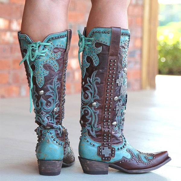 Coachella Ankle Boots Autumn and Winter Pointed Toe Chunky Heel Embroidered Printed Slingback Middle Tube Leather Boots