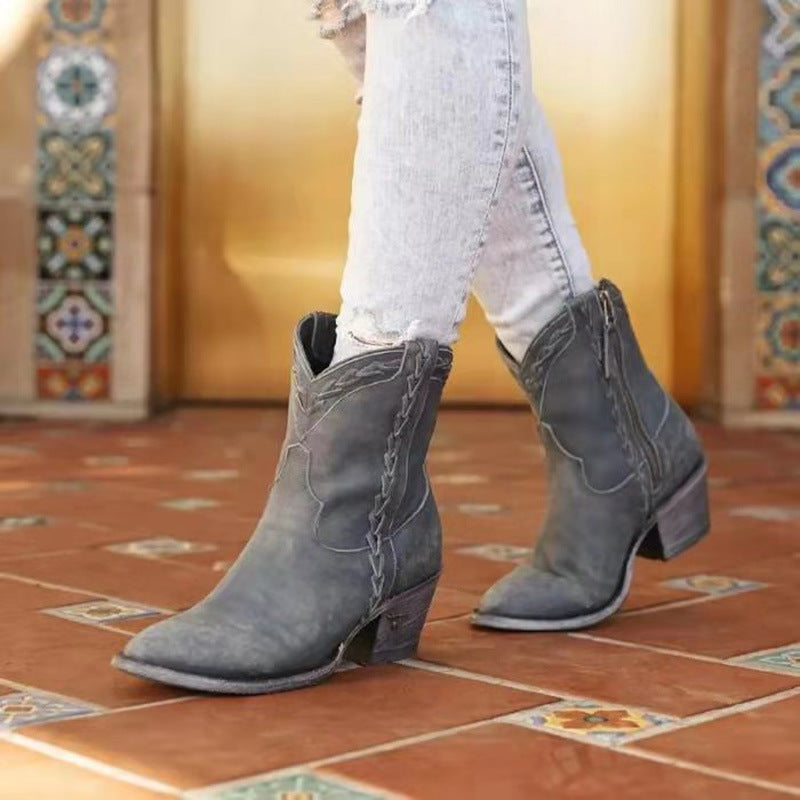 Coachella Festival Boots Ankle Boots Pointed Toe European and American Style Side Zipper Chunky Heel Short plus Size