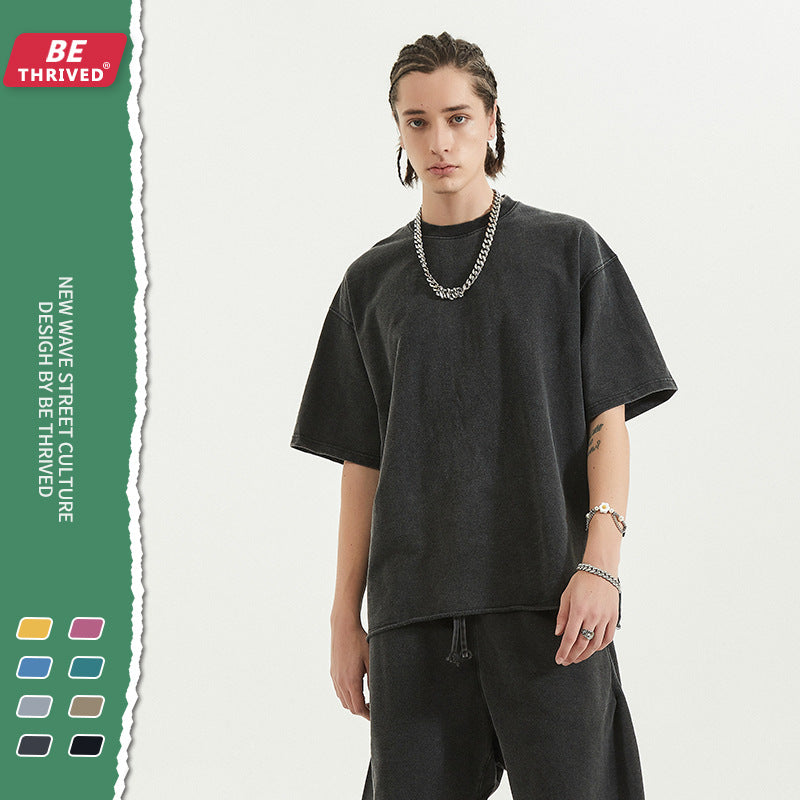 Men's Spring/Summer plus Size Loose Top Retro Sports Short-Sleeved T-shirt Suit Men Top