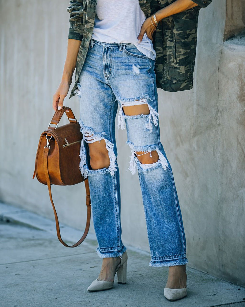 100 Cotton Jeans Women's Spring and Autumn Ripped Metal Buckle with Pockets Denim Trousers for Women