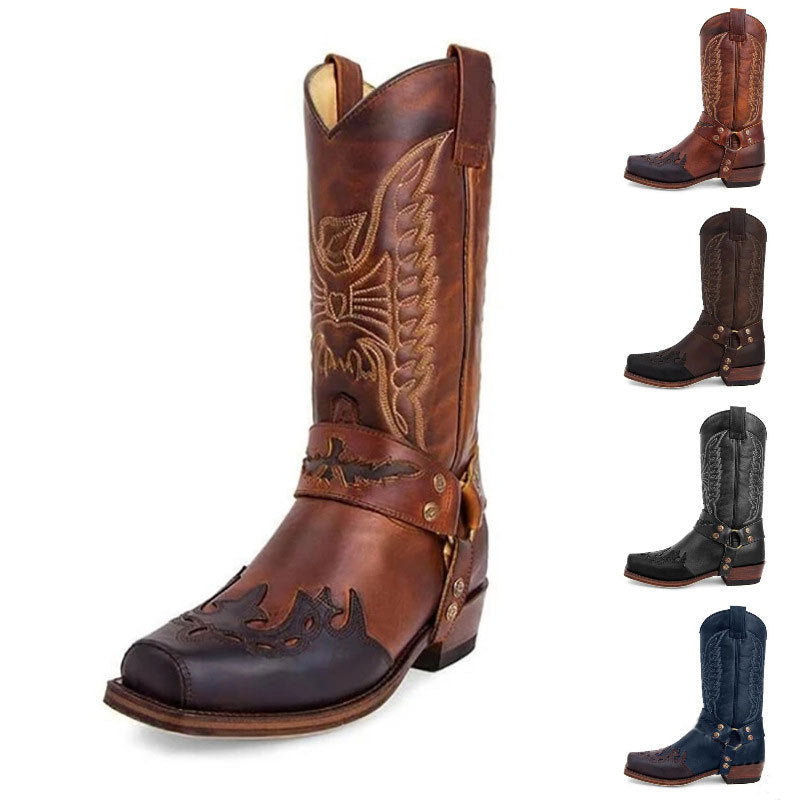 Coachella Ankle Boots Autumn and Winter Embroidery Leather Boots Belt Buckle Side Zipper Thermal Leather Boots Large Size Shoes