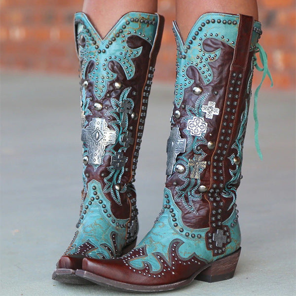 Coachella Ankle Boots Autumn and Winter Pointed Toe Chunky Heel Embroidered Printed Slingback Middle Tube Leather Boots